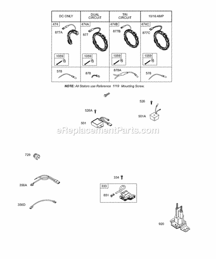 Alternator Wires Armature Diagram and Parts List for 289707-0150-01  Briggs and Stratton Engine